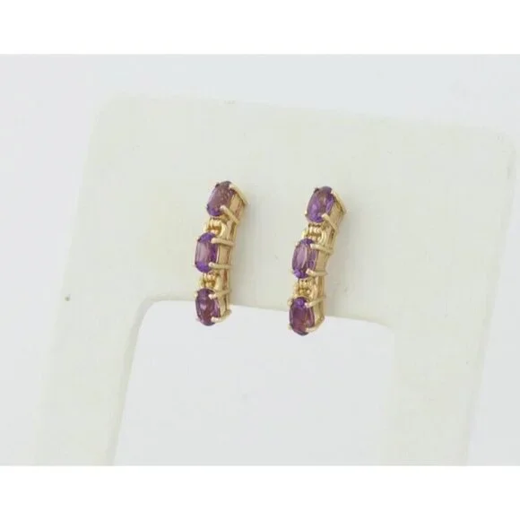 10k Yellow Gold Natural Amethyst Earrings Half Hoop - Picture 7 of 8